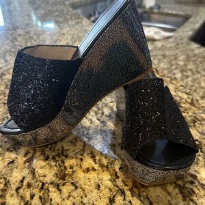 Elegant Black Glitter Wedge Sandals